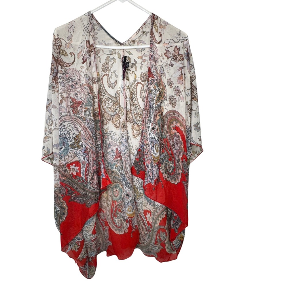 Peck & Peck Paisley Kimono Wrap Jacket Womens Large Red White Floral Sheer Open